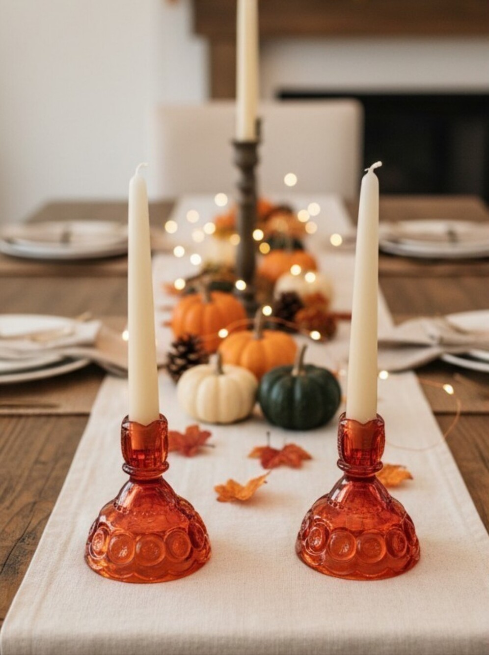 Pair Vtg L.E. Smith Moon and Star Amberina Candle Holders Art Glass Fall Autumn